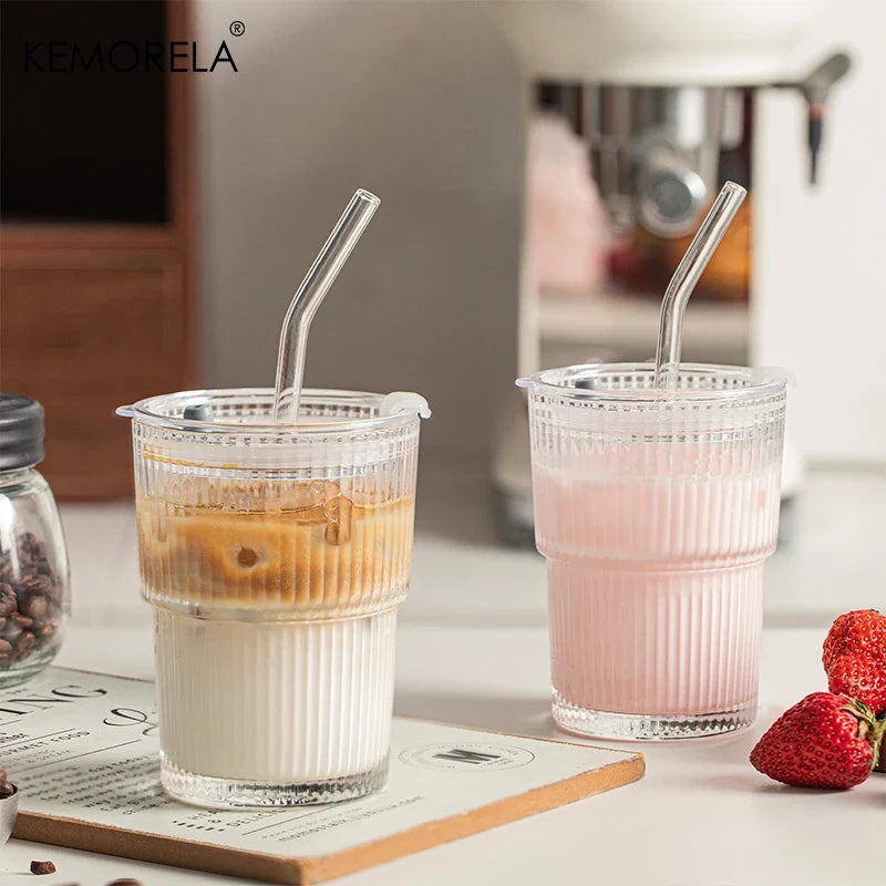 450ml Striped Glass Cups with Lid & Straw | Set of 1 or 2