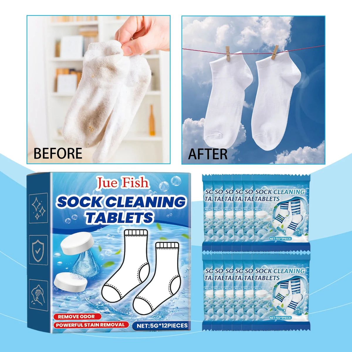 Jue-Fish Sock Cleaning Effervescent Tablets – 12 Pack