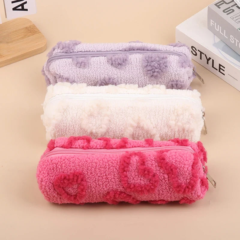 Plush Makeup Bag with Handle | Cute Love Print Travel Pouch