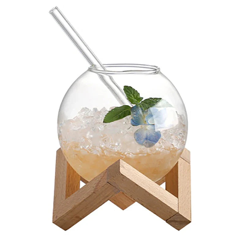 Round Ball Cocktail Glass with Wood Stand | Creative Bar Tumbler