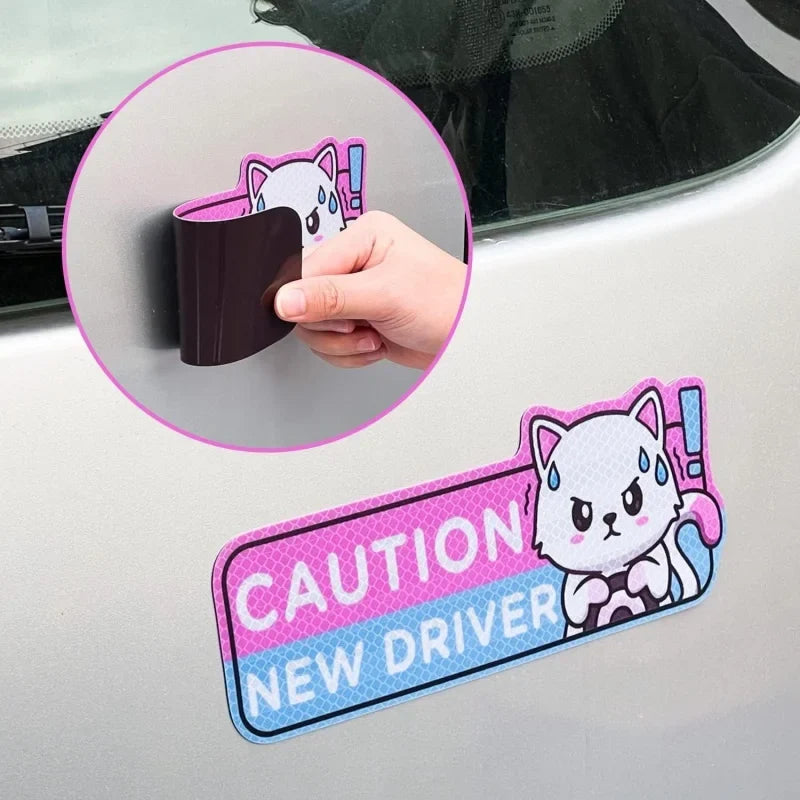 4-Pack Cartoon Cat New Driver Car Magnets | Reflective Safety Signs