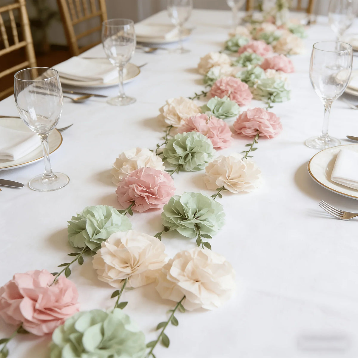 50pcs Paper Flower Table Runner & Pom Pom Garland Party Decor