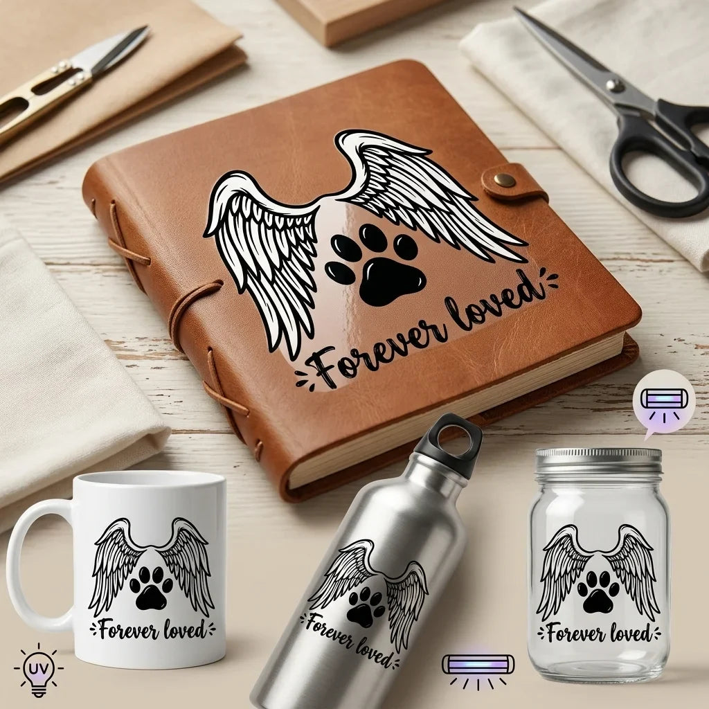 Pet Memorial UV Sticker "Forever Loved" Paw Angel Wings Decal