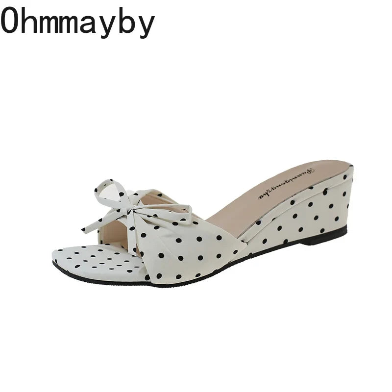 Women's Polka Dot Wedge Slippers – Open Toe Bow Slides