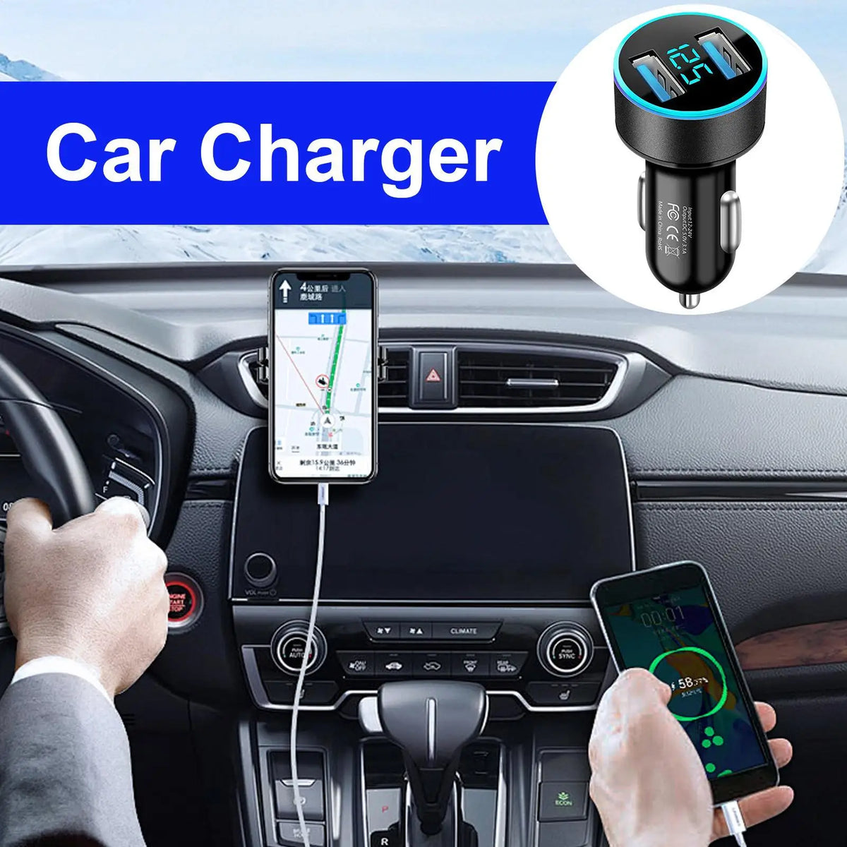 Dual USB Car Charger with Digital Voltage Display