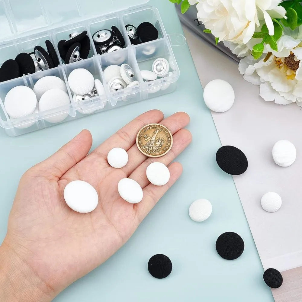 48pcs Fabric Covered Buttons 4 Sizes Black White Craft Sewing