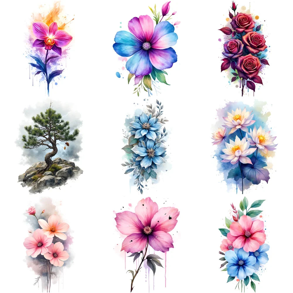 9-Pack Waterproof Temporary Tattoo Stickers – Flowers & Art