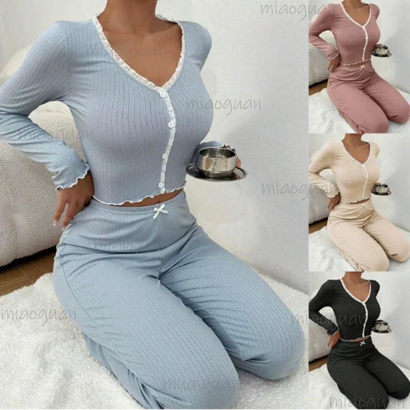 Women's Lace Trim Pajama Set – Long Sleeve Top & Trousers
