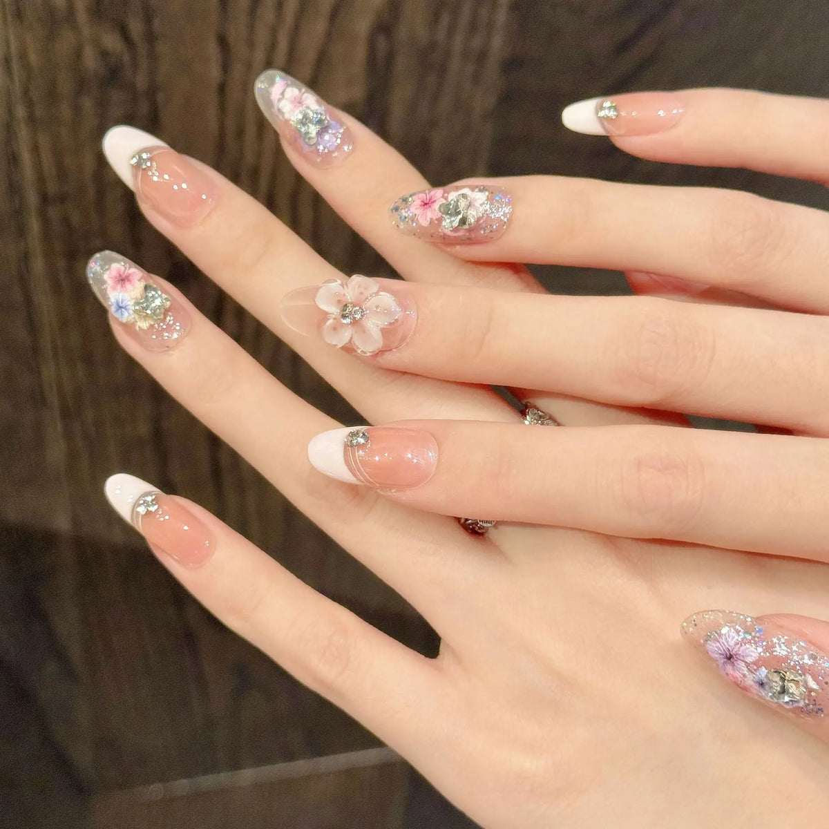 10-Piece Handmade Press-On Nails – Summer Floral French Tips