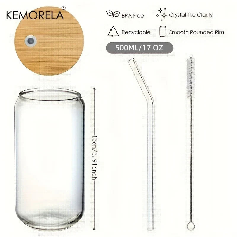 KEMORELA 17oz Drinking Glasses with Glass Straw Set of 4