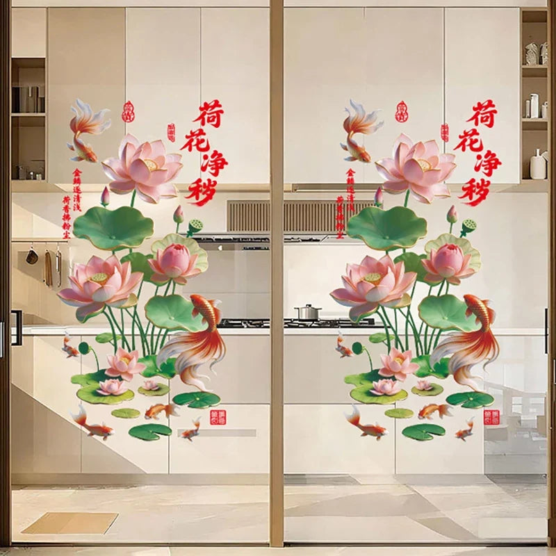 3D Koi & Golden Lotus Glass Sticker – Chinese Style PVC Decal