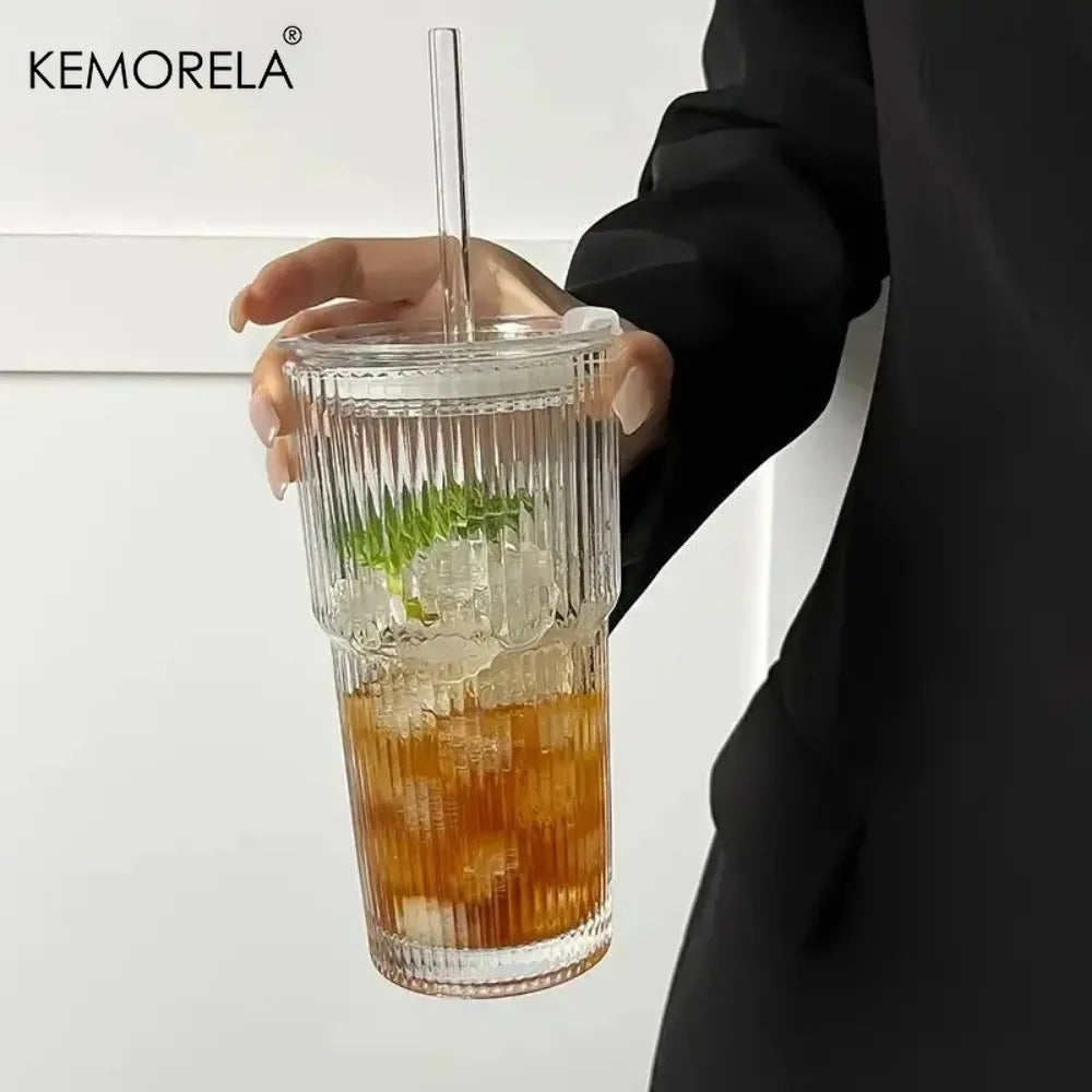 KEMORELA 600ml Stripe Glass Cup with Lid & Straw