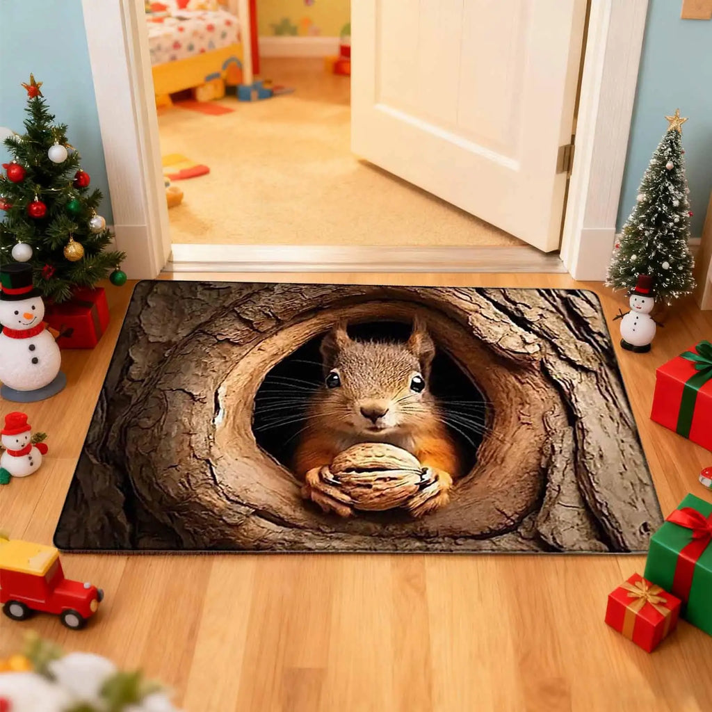 3D Optical Illusion Rug | Squirrel & Dog Non-Slip Floor Mat