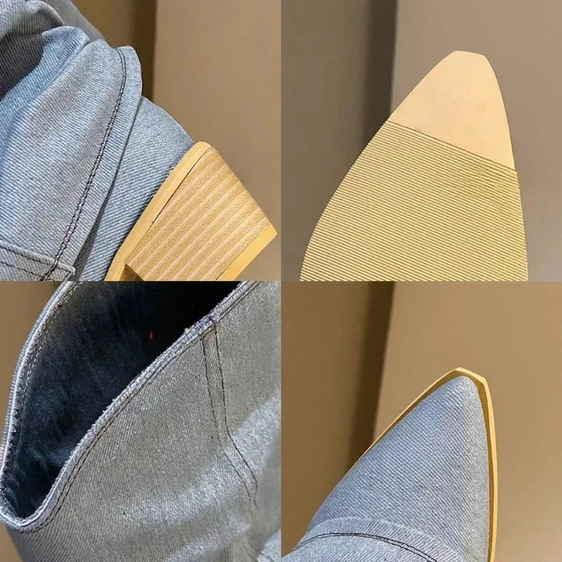 Pleated Blue Denim Chelsea Boots – Women's Square Heel Slip-On