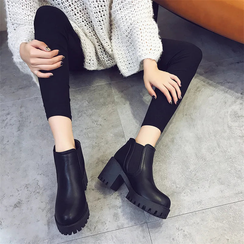 Women's Round Toe Ankle Boots – Thick Sole Square Heel