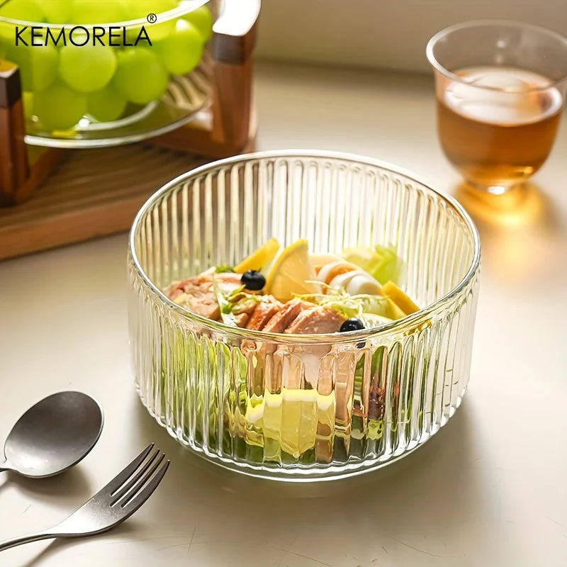 KEMORELA Striped Glass Salad & Fruit Bowl – Serving Dish