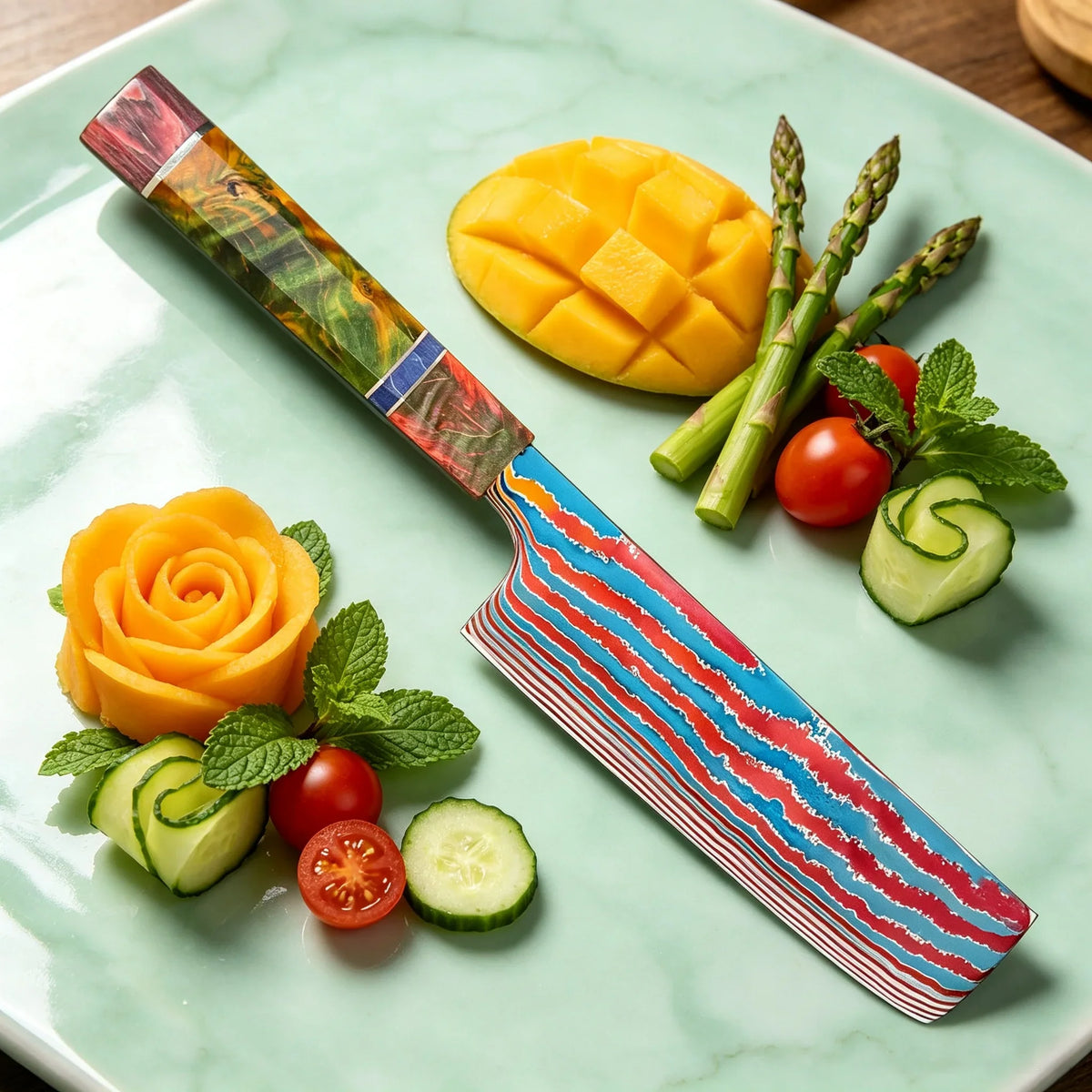 80-Layer Damascus Steel Nakiri Knife – Colored Wood Handle