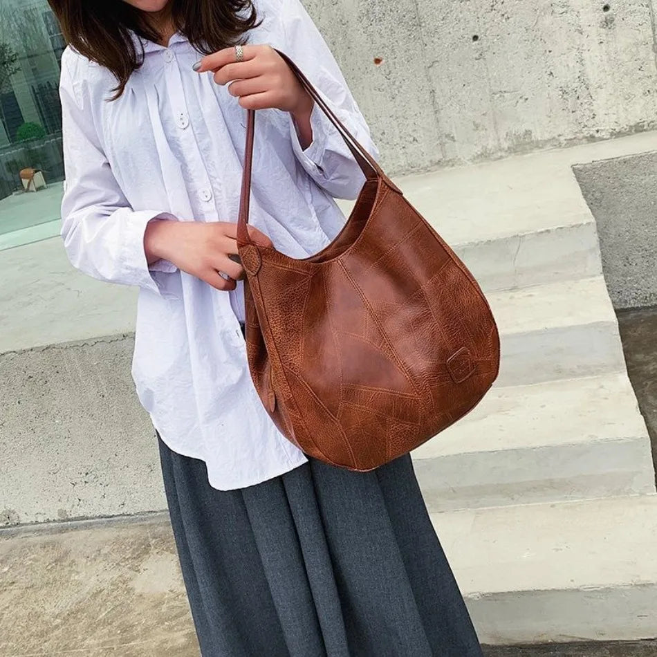 Large Vintage Women's PU Leather Shoulder Tote Bag – Retro Style