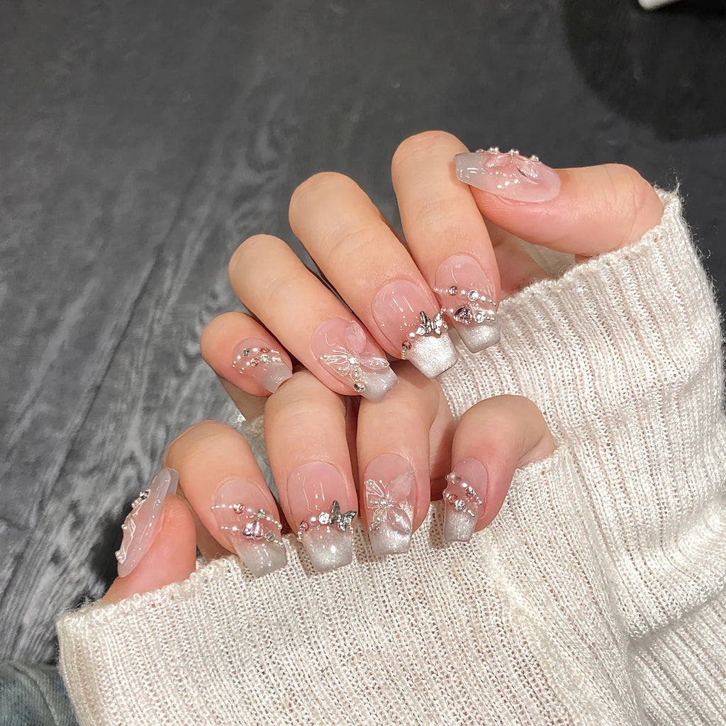 Press On Nails Pink Butterfly French Cat Eye | 10pcs Full Cover