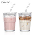450ml Striped Glass Cups with Lid & Straw | Set of 1 or 2