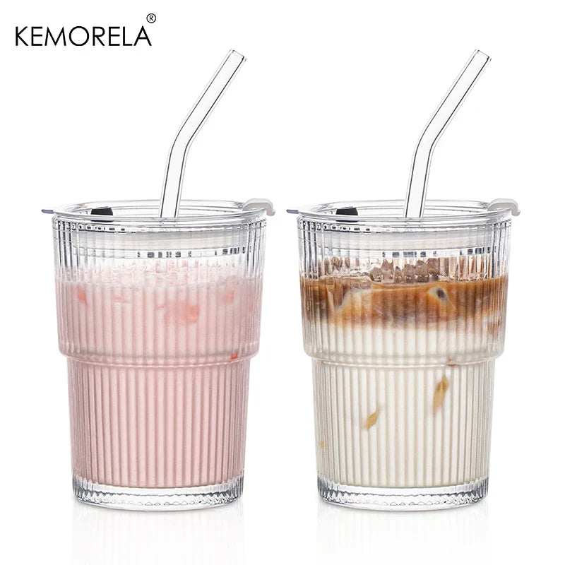 450ml Striped Glass Cups with Lid & Straw | Set of 1 or 2