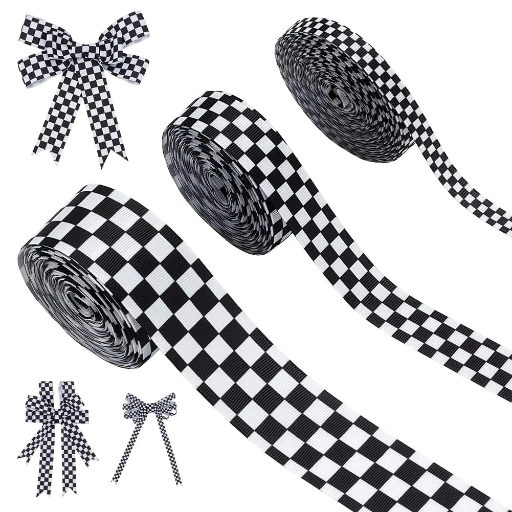 Black Tartan Polyester Ribbon Set – 3 Widths, 10 Yards Each