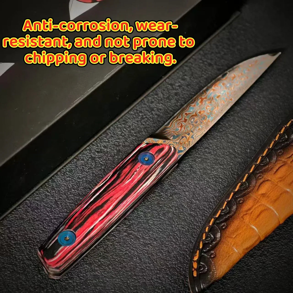 Damascus Steel Utility Knife – Colored Wood Handle & Sharp Blade