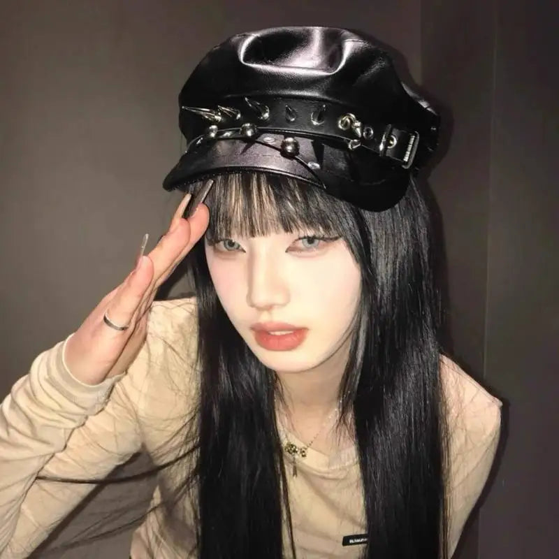 Vintage Rivet Beret – Y2K Gothic Faux Leather Flat Cap Women