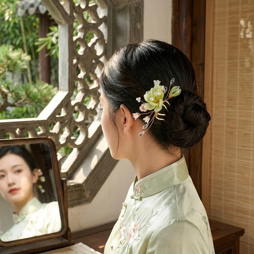 Green Floral Resin Hair Clip Comb Barrette for Women & Girls