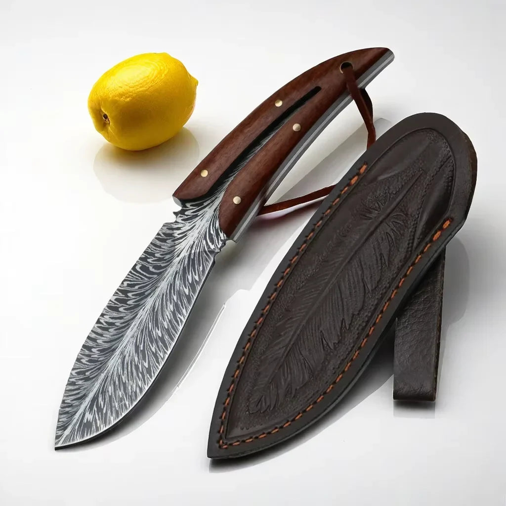 EDC Fixed Blade Knife – Patterned Leaf Blade & Wood Handle