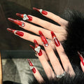 Handmade Press Nails Long Oval Red French Fake Women Girl Wearable