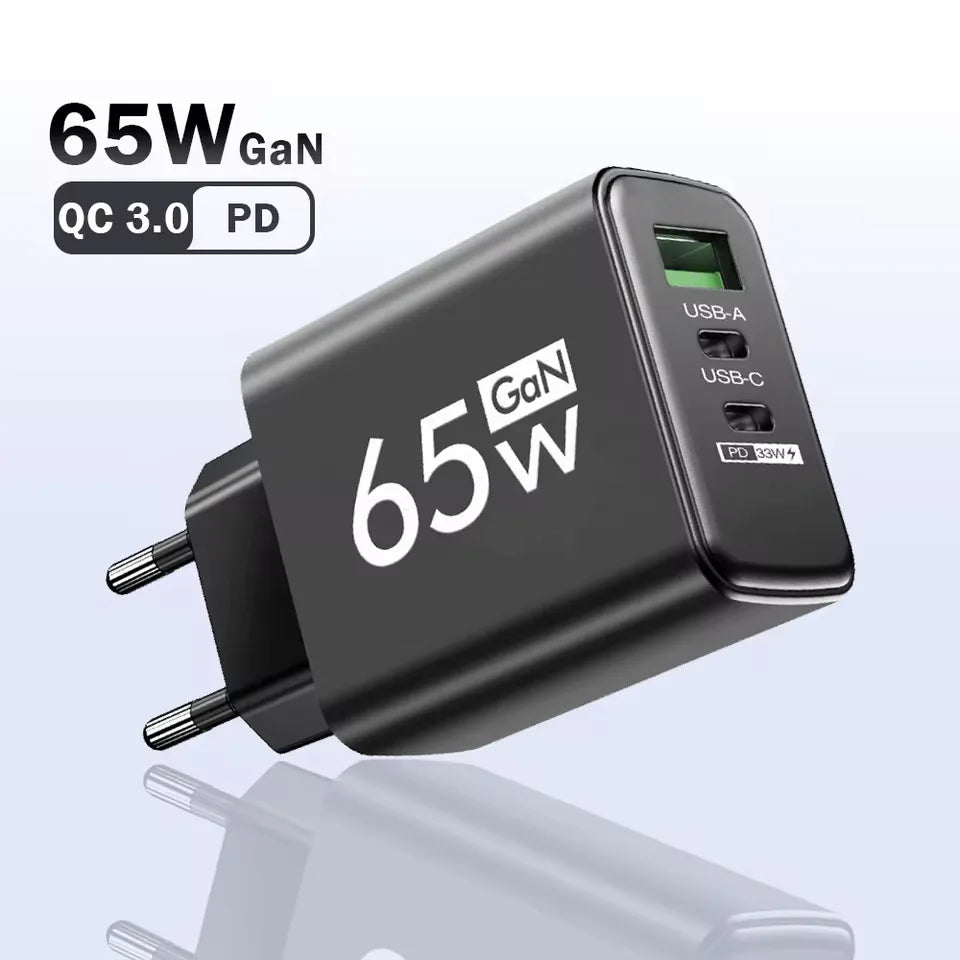 GaN 65W USB-C Fast Charger | 3-Port PD Wall Adapter