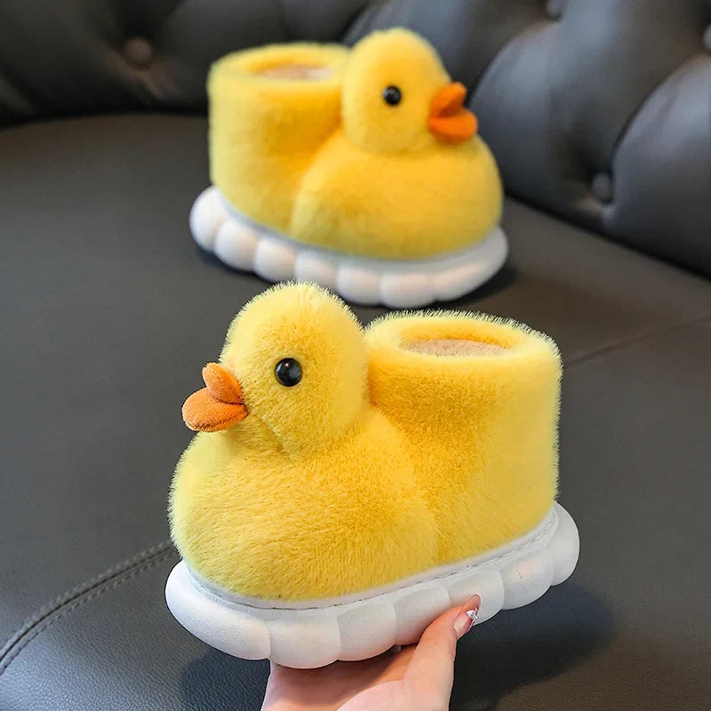 Kids Kawaii Duckling Fuzzy Slippers – Warm Winter Fur Slides