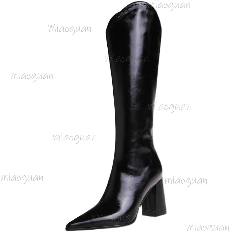 Women's Pointed Toe Knee-High Boots – Chunky Heel & Zip