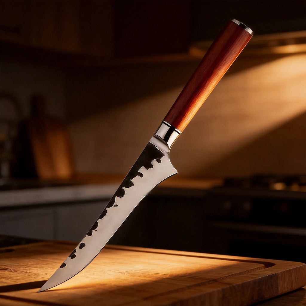 Hand Forged Boning Knife – Hammered Steel & Rosewood Handle