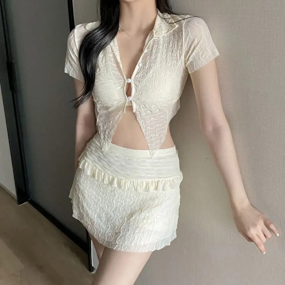 3-Piece Ruffle Bikini Set – Hollow Out Short Sleeve Swimwear