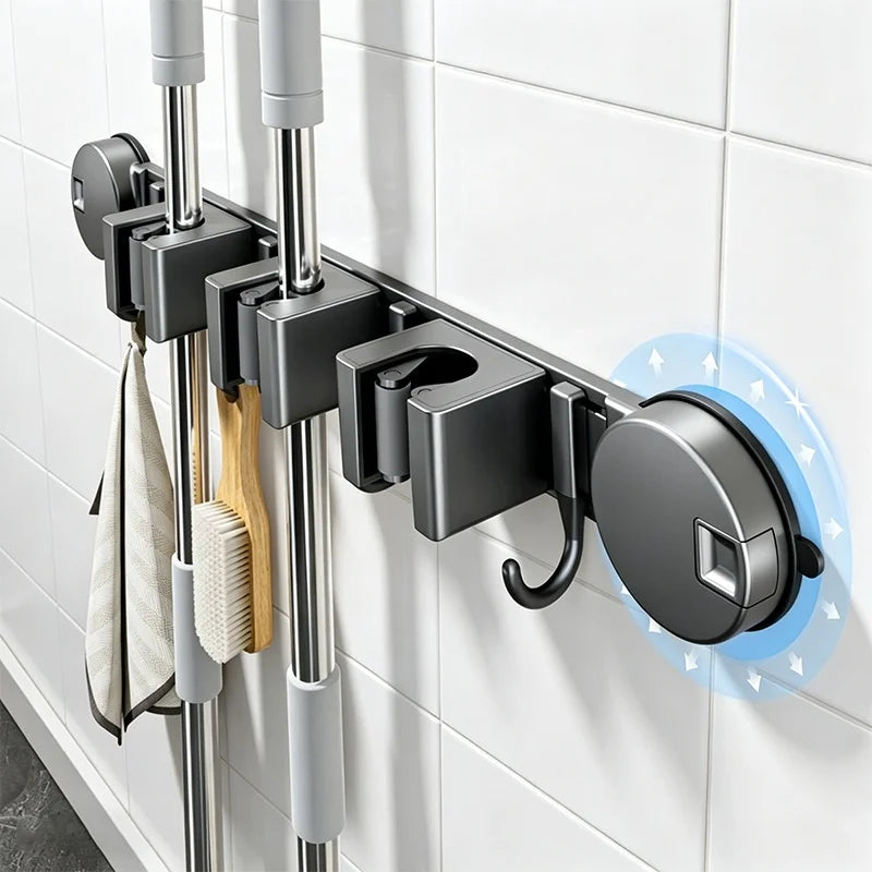 No-Drill Suction Cup Mop Rack Wall-Mounted Holder with 6 Hooks