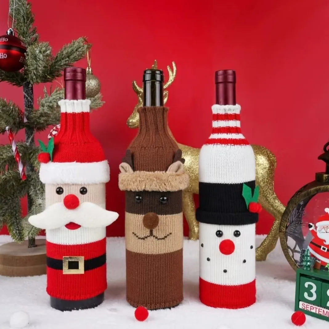 Christmas Knitted Wine Bottle Covers Snowman Reindeer Atmosphere
