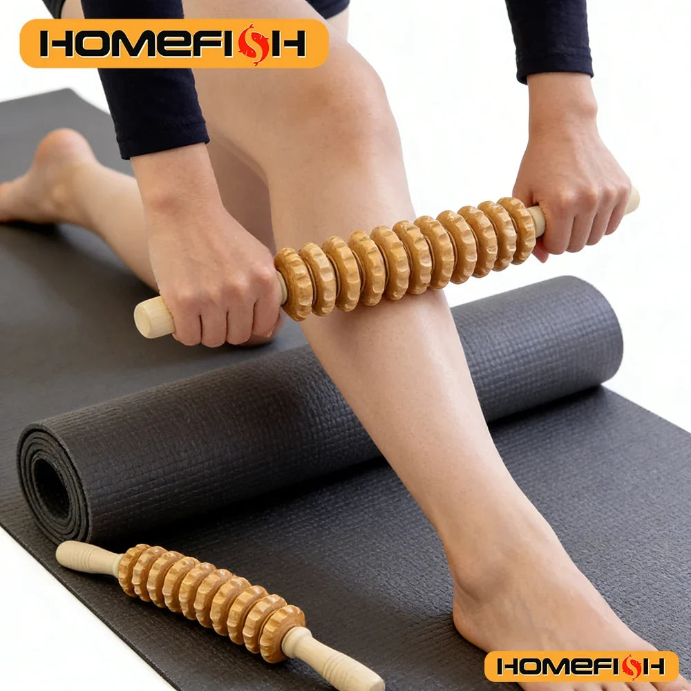Anti-slip Handle Wooden Gear Arm Leg Hip Back Deep Massage Roller