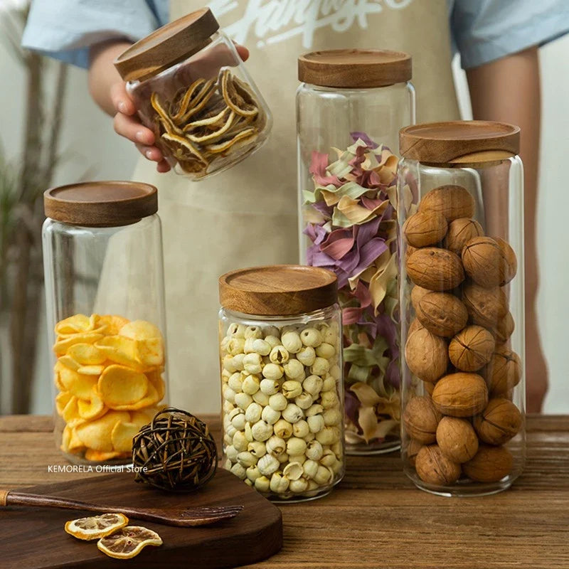 KEMORELA Glass Airtight Canister with Wood Lid | Kitchen Storage