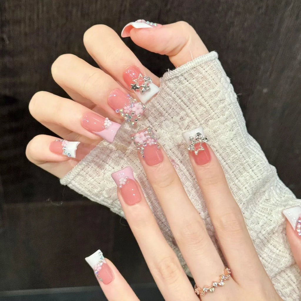 French Duckbill Press On Nails 3D Floral Rhinestone | 10pcs