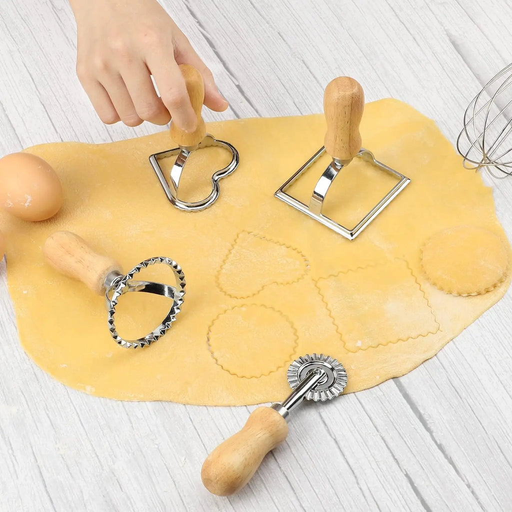 Ravioli Stamp Maker & Cutter Set with Roller Wheel | Wooden Handle
