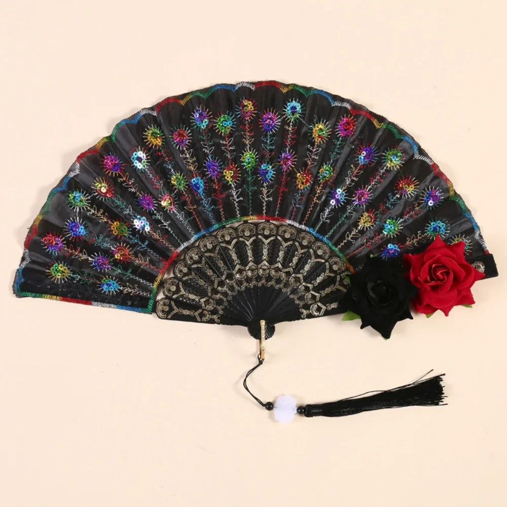 Sequin Embroidered Rose Lace Folding Fan Tassel Vintage European