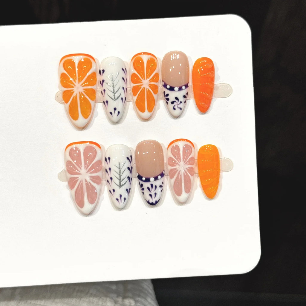 Handmade Press On Nails 3D Grapefruit Orange Almond Set 10pc