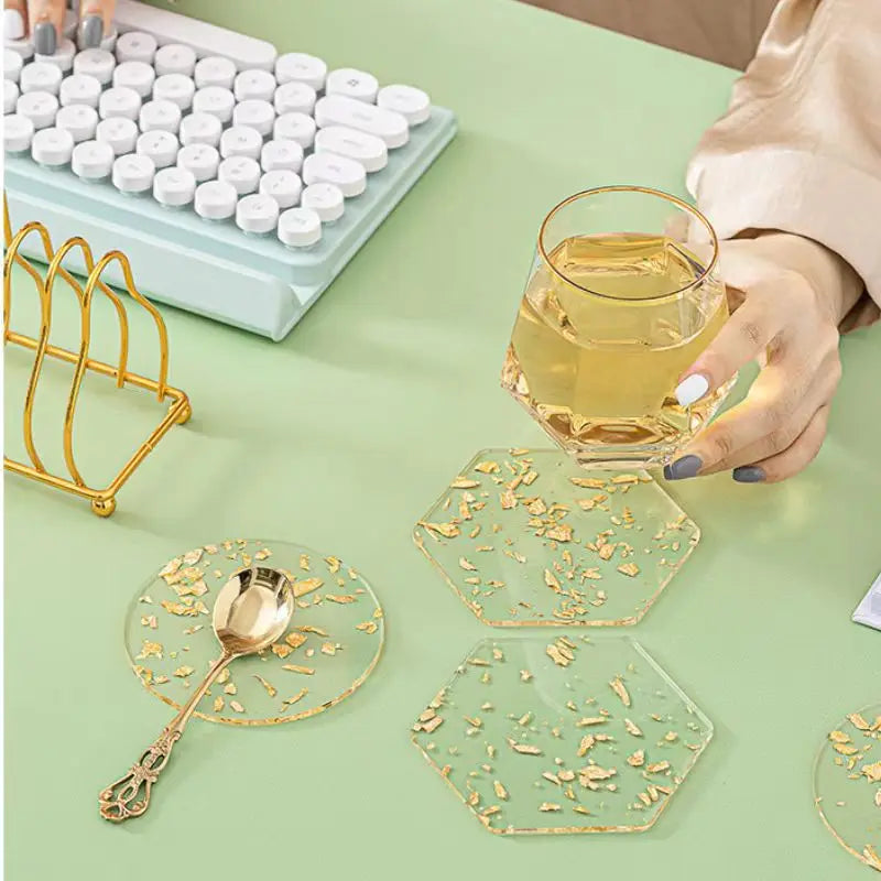 4-Piece Golden Foil Acrylic Coaster Set – Heat Resistant Pads