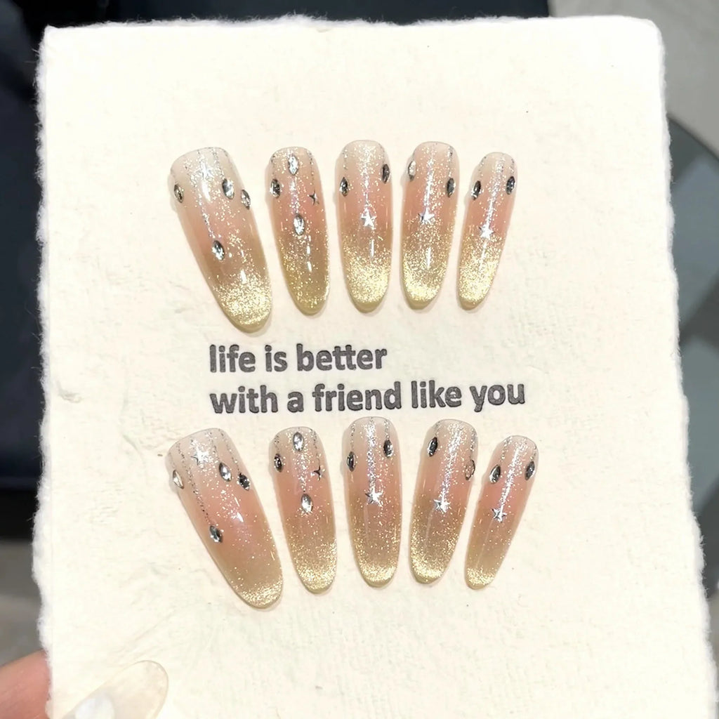 Handmade Press-On Nails | Almond Cat's Eye French Tip 3D Art