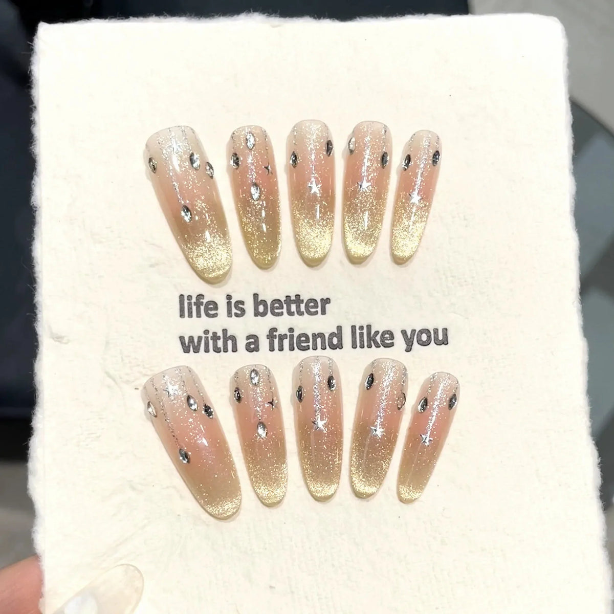Handmade Press-On Nails | Almond Cat's Eye French Tip 3D Art