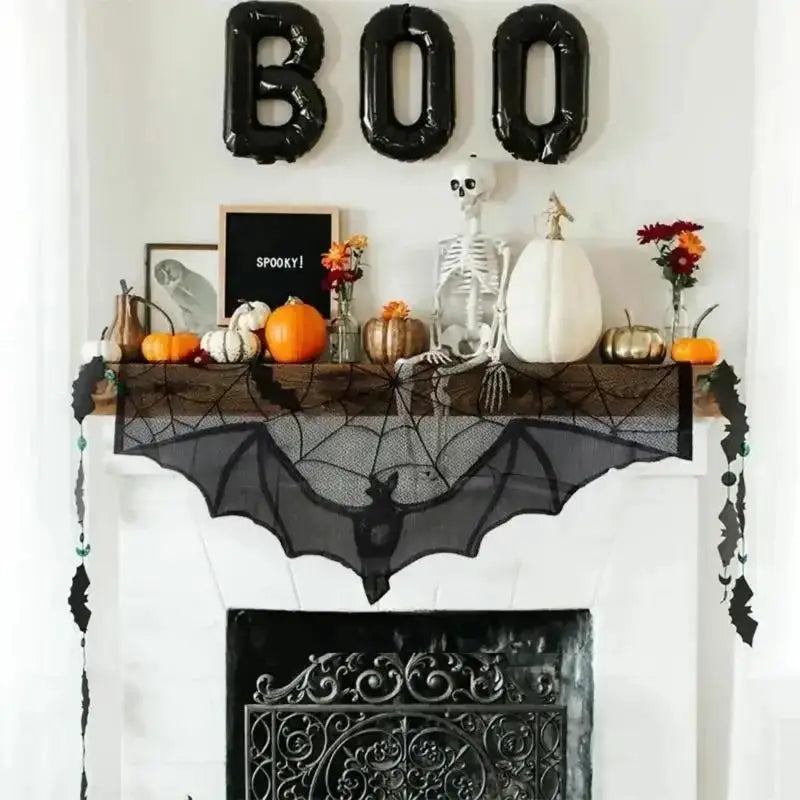 Gothic Bat Lace Curtain – Halloween Cobweb Tablecloth & Runner