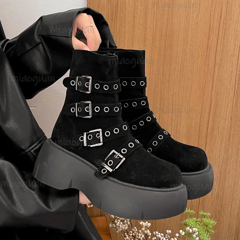 Women's Gothic Platform Ankle Boots – Wedge Buckle Booties