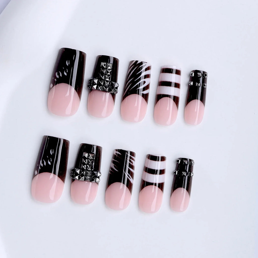 Dark French Square Fake Nails Press Metal Decor Wearable Black Gothic